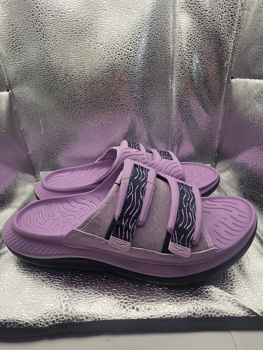Hoka Women's 13  Lavender Slide Sandals with Navy Patterned Straps